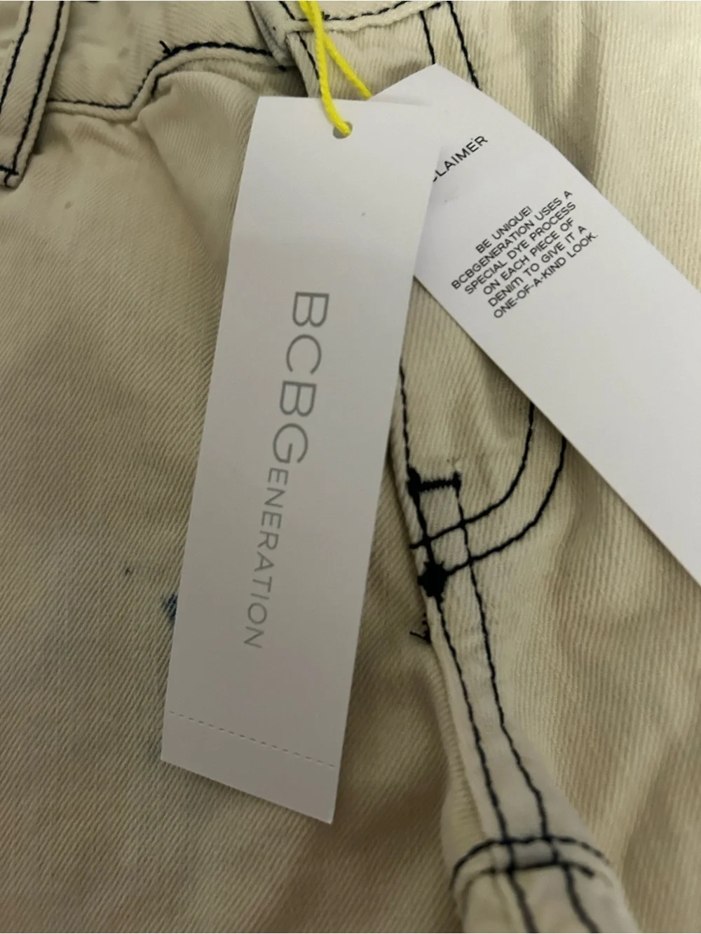 BCBGeneration Cream Jeans with Navy Distressed Tie-Dye Accents
